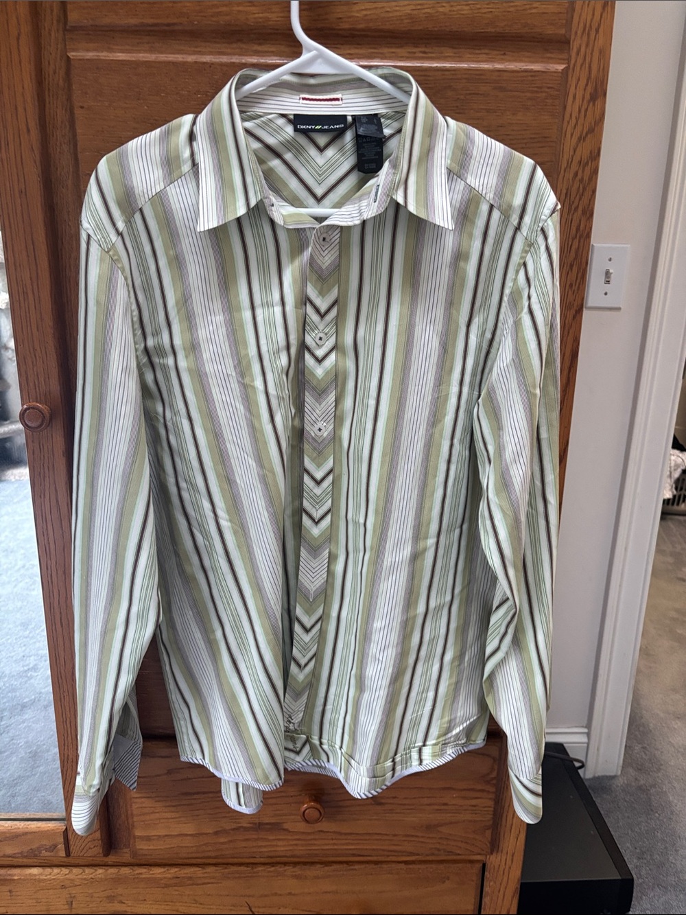 DKNY Men’s Light Green and White Striped Dress Shirt